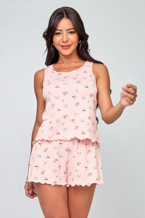 Pijama Feminino em Ribana Floral Rosa Claro