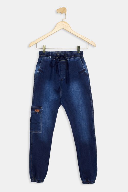 Calça Jeans Juvenil Jogger Cargo Azul Escuro Tam 10 a 16
