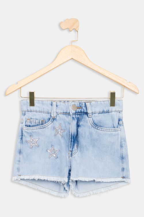 Short Jeans Juvenil Caedu Estrela Glitter Azul Claro