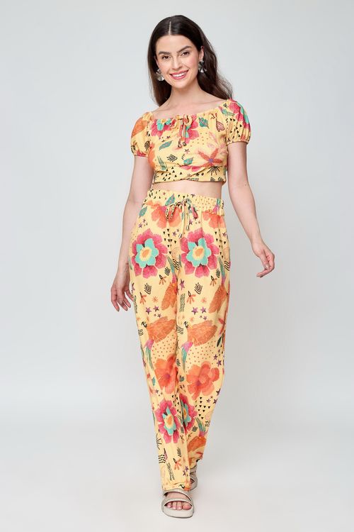 Calça Feminina Caedu Tropical Amarela Confortável