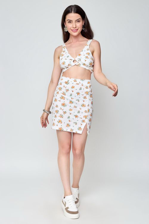 Saia Feminina Romântica Estampada Off White Caedu