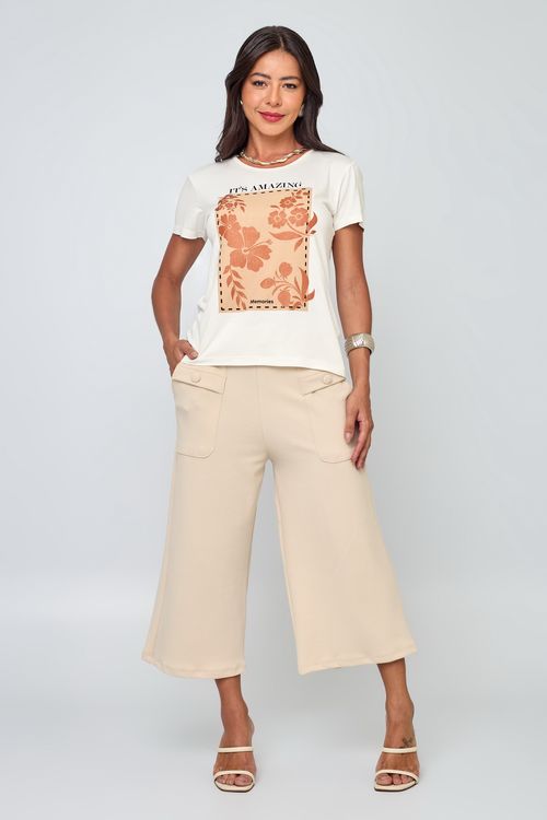 Calça Feminina Caedu Bege Malha Crepe Bolsos Laterais