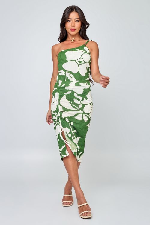 Saia Feminina Caedu Casual Estampada Verde Fenda Lateral