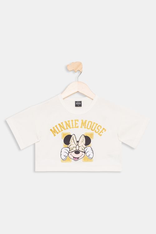Blusa Infantil Minnie Paetê Off White Algodão Tam 4 a 10