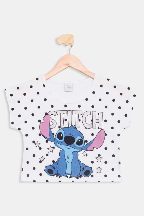 Blusa Juvenil Stitch Poá Branca Tam 10 a 16