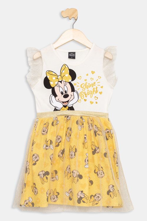 Vestido Infantil Minnie com Tule Branco e Amarelo Tam 4 a 10
