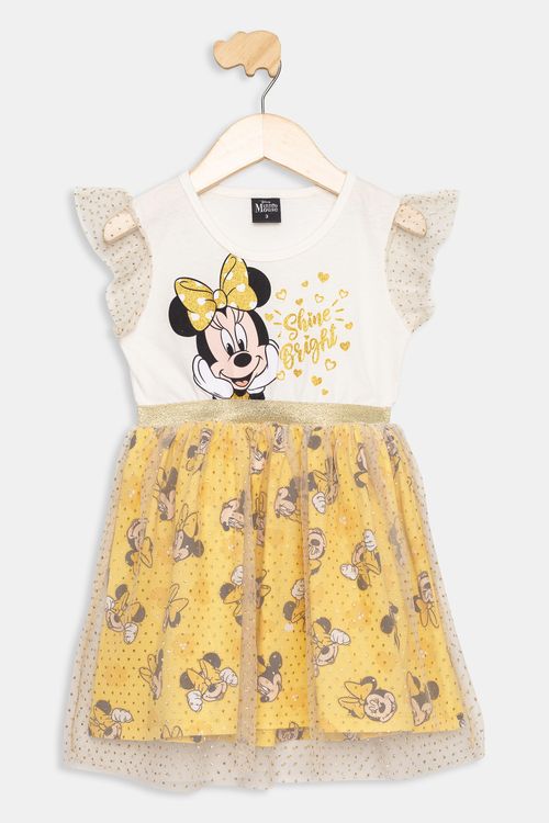 Vestido Infantil Minnie com Tule Branco e Amarelo Tam 1 a 3