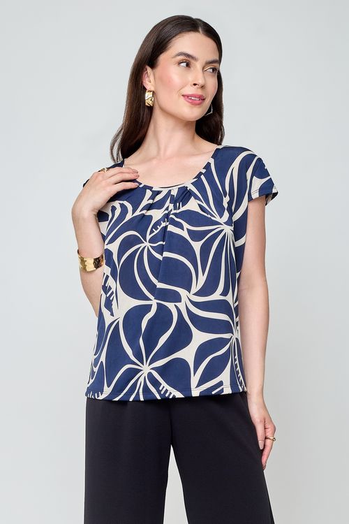 Blusa Feminina City em Liganete Estampada Branca e Azul