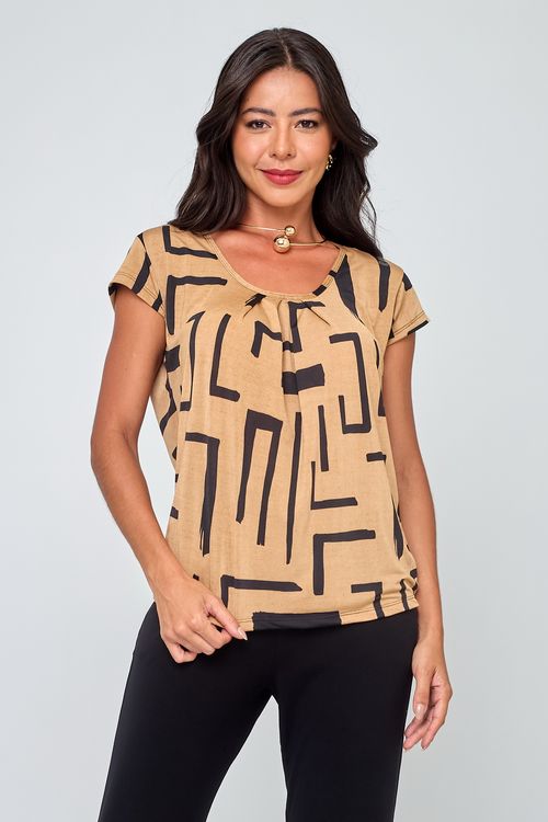 Blusa Feminina City em Liganete Estampada Bege