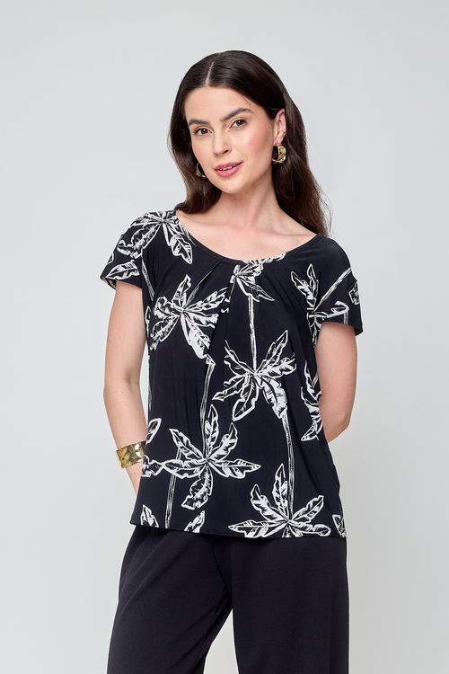 Blusa Feminina City em Liganete Estampada Preta
