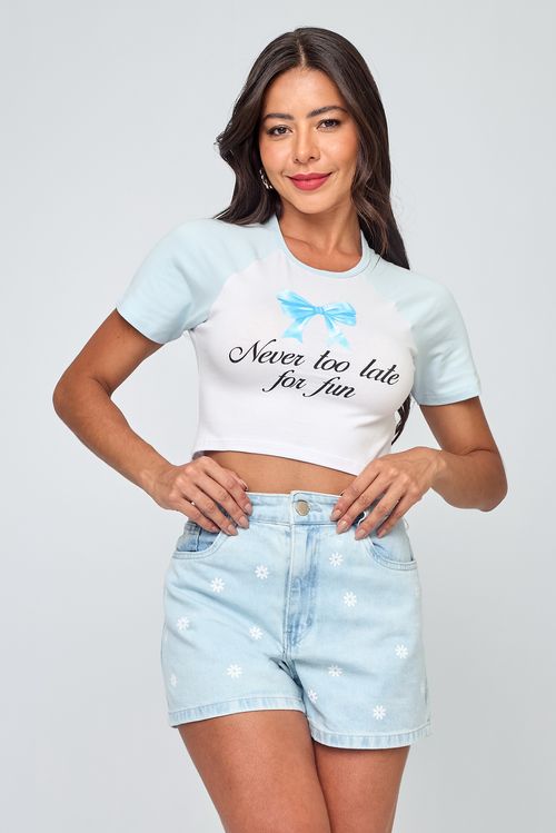 Top Feminino Caedu Raglan Branco com Laço em Algodão