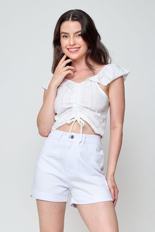 Top Feminino Caedu Laise Branco com Babado Romântico