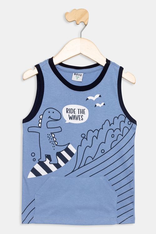 Regata Infantil com Bolso Dinossauro Azul Tam 1 a 3