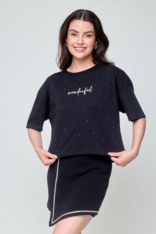 Blusa Feminina com Hotfix Wonderful Preta