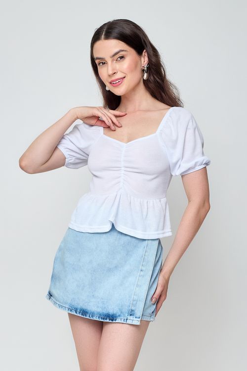 Top Feminino Romântico Manga Bufante Branco