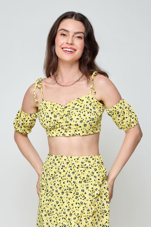 Top Feminino Romântico Estampado Amarelo Caedu