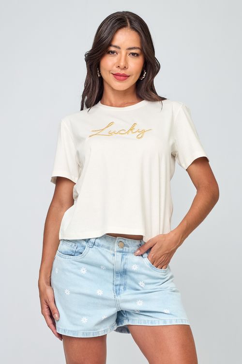 Camiseta Feminina Bordada Lucky Off White