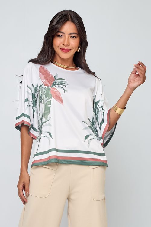 Blusa Feminina Casual Folhagem Branca