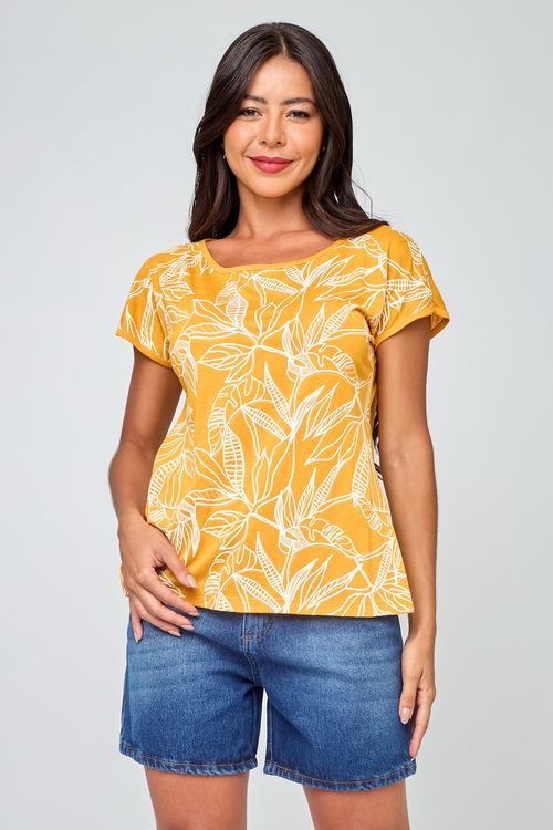 Blusa Feminina Caedu Viscose Folhas Amarela Casual