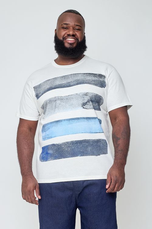 Camiseta Masculina Branca Abstrata Degradê Azul e Cinza