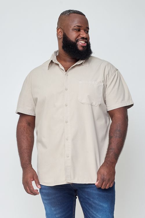 Camisa Masculina Sarja Caqui Caedu - Plus Size 100% Algodão