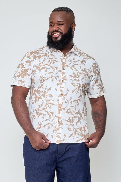 Camisa Masculina Caedu Sarja Folhagem Branca Plus Size