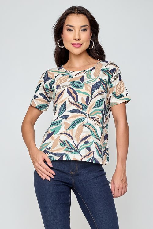 Blusa Feminina de Viscose Folhagem Off White
