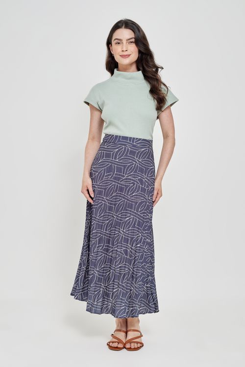 Saia Feminina Plissada Estampada Azul