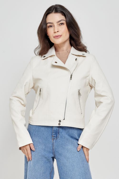 Jaqueta Feminina Biker em PU Off White