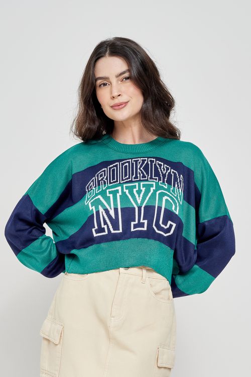 Blusa Feminina Tricot Listrada Verde Escuro Caedu Conforto