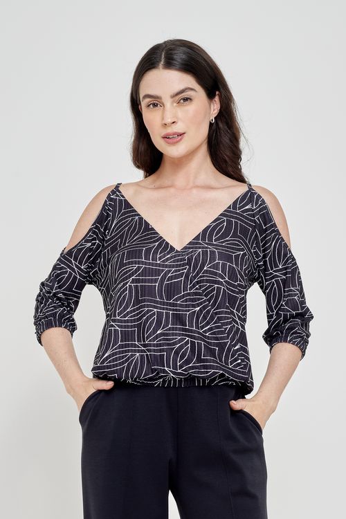 Blusa Feminina Open Shoulder Estampada Preta