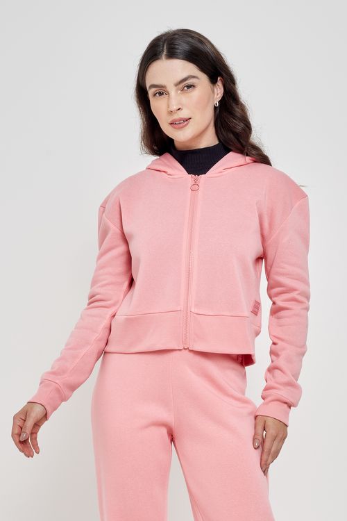 Blusão Moletom Feminino com Zíper e Capuz Rosa Claro