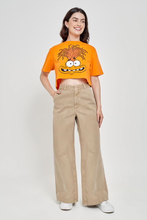 Calça Feminina Wide Leg Sarja Bege Claro