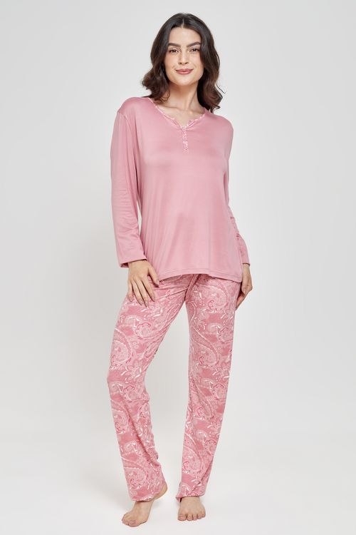 Pijama Feminino Manga Longa em Poliéster Paisley Rosa Claro