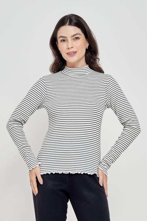 Blusa Feminina Gola Alta Ribana Listrada Preta e Branca