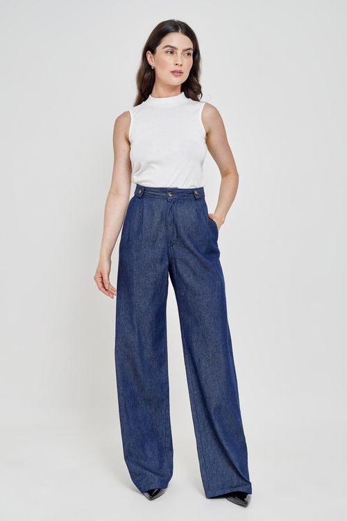 Calça Jeans Feminina Pantalona Azul Escuro
