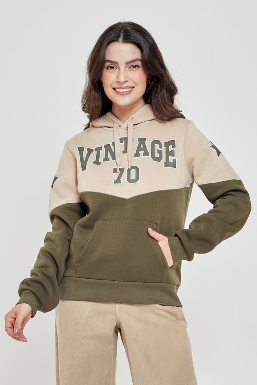 Blusão Moletom Feminino Vintage Bege e Verde