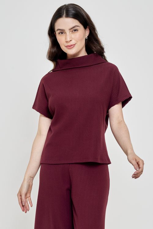Blusa Feminina Manga Curta Gola Rolê Vinho