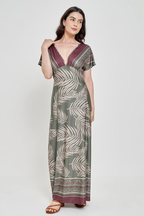 Vestido Feminino Casual Estampado Manga Curta Longo Verde Escuro
