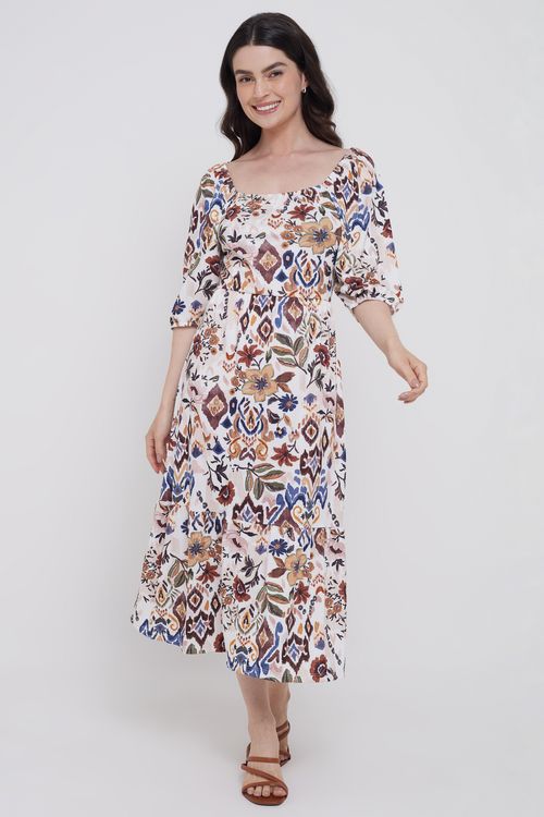 Vestido Feminino Casual Estampado Étnico Off White