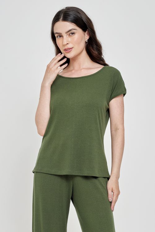 Blusa Feminina Ribana Decote Redondo Verde Escuro