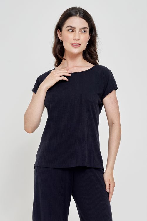 Blusa Feminina Casual Ribana Decote Redondo Preta