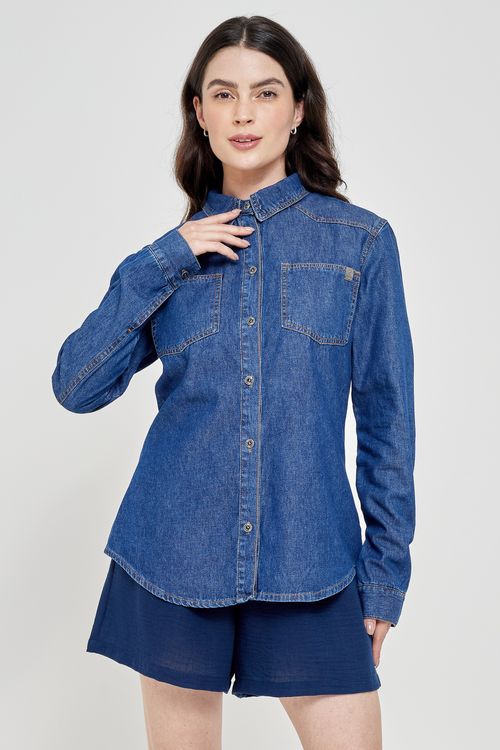 Camisa Jeans Feminina Manga Longa Azul Escuro