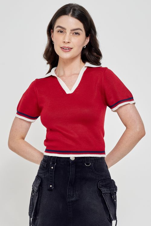 Top Feminino Manga Curta Gola Polo Tricot Vermelho Escuro