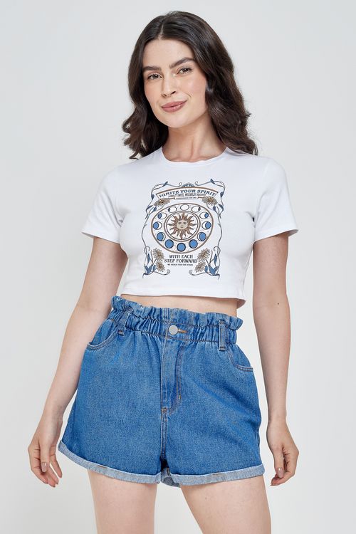 Cropped Feminino Manga Curta Fases da Lua Branco