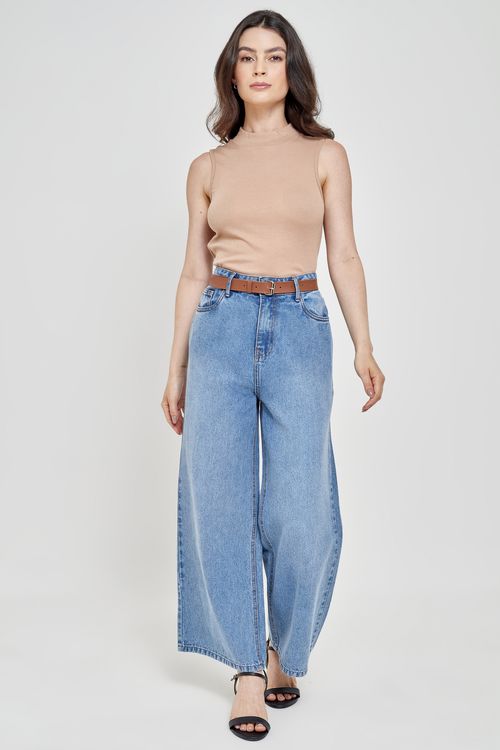 Calça Jeans Feminina Wide Cropped com Cinto Azul Médio