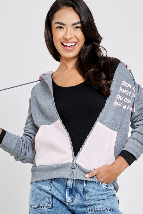 Blusão Moletom Feminino Estampado Mescla e Rosa