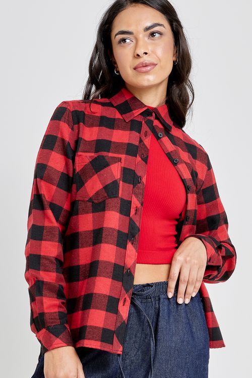 Fem fsh ffc484 camisa ml xadrez vermelho estampado