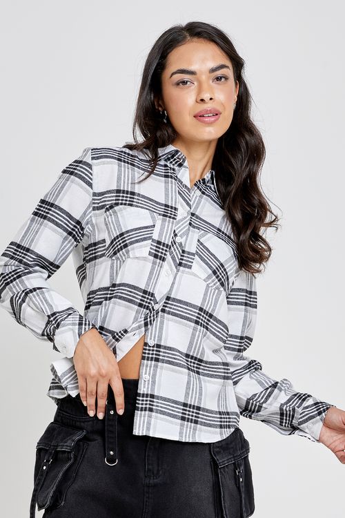 Fem fsh ffc485 camisa ml xadrez pb lurex estampado