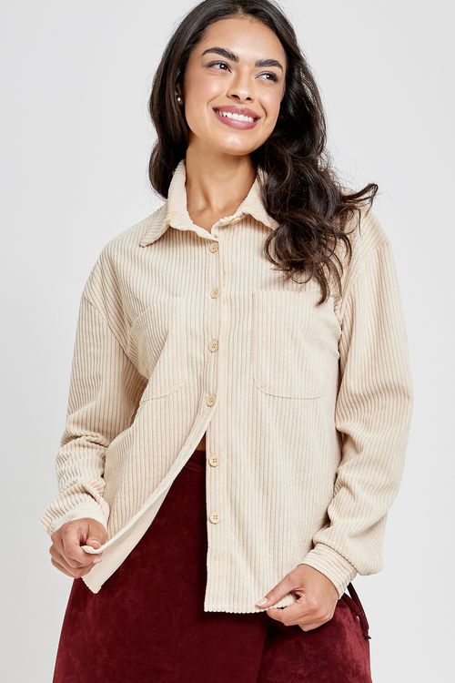 Camisa Feminina Manga Longa em Cotelê Off White